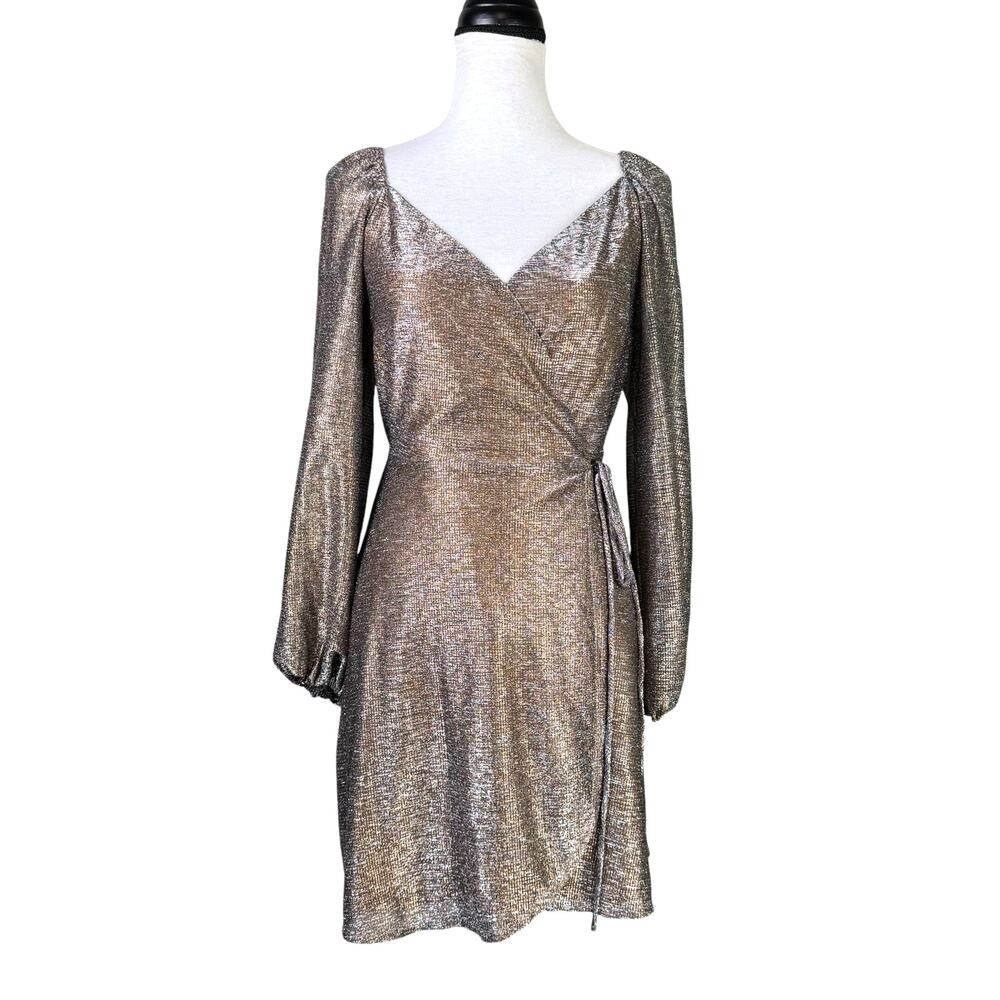 Chelsea28 Glitter Sparkle Gold Silver Metallic Long Sleeve Mini Wrap Dress